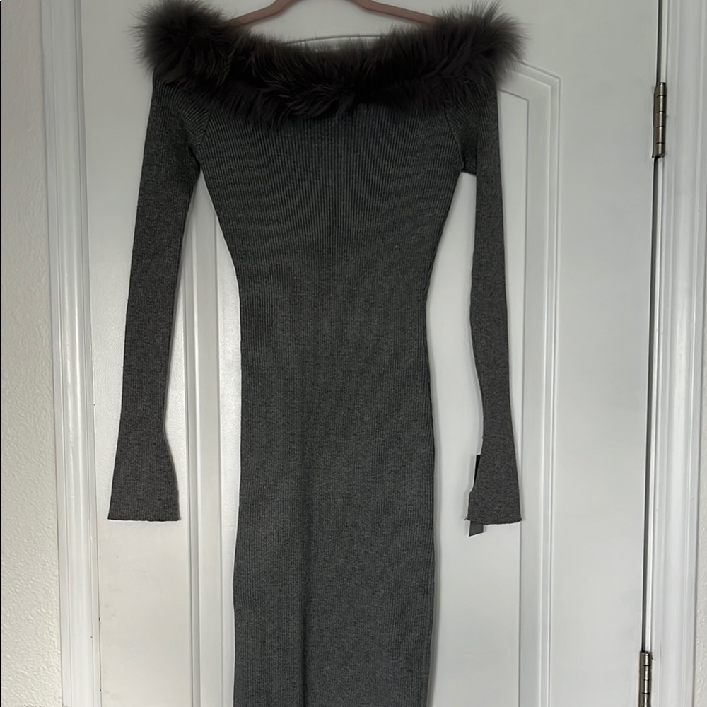 NWT Gray Off-Shoulder Dress with Faux Fur Trim